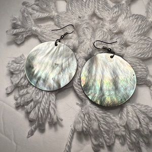 Vintage Tahitian Mother Of Pearl Shell Large Disc Dangle Earrings Shepherd Hook